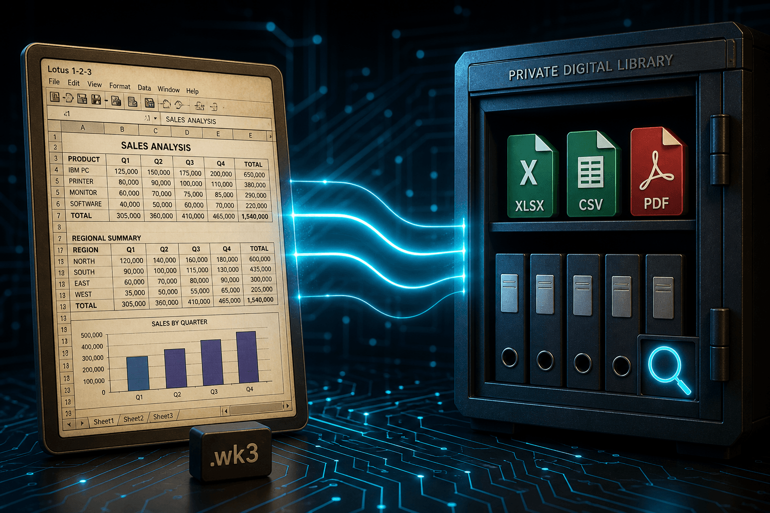 A Lotus 1-2-3 .wk3 sales spreadsheet converting into a private local library of XLSX, CSV, and PDF files