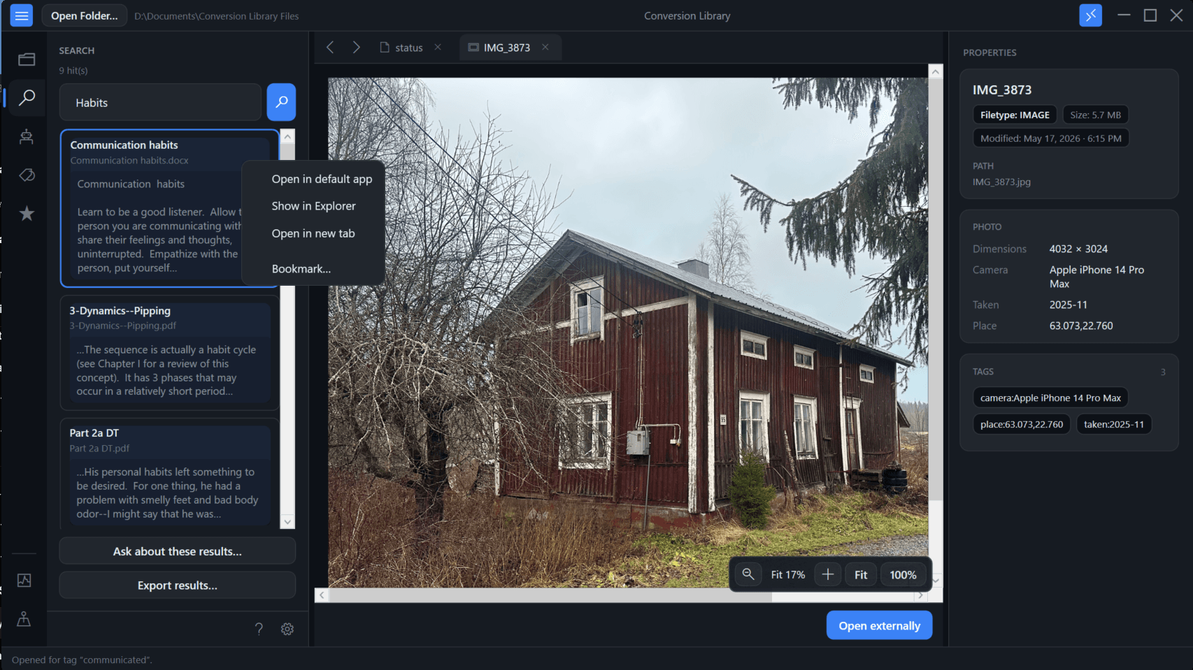 Sökresultat med Exportera resultat tillgängligt i Conversion Library