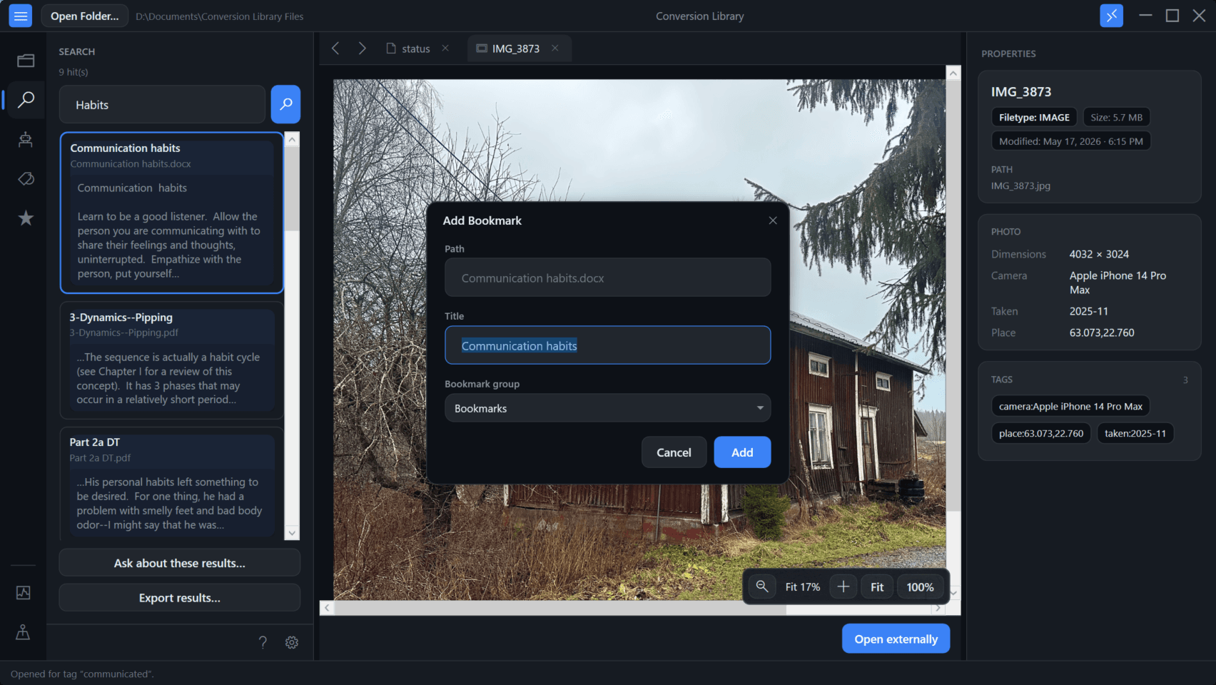 Dialog Lägg till bokmärke i Conversion Library