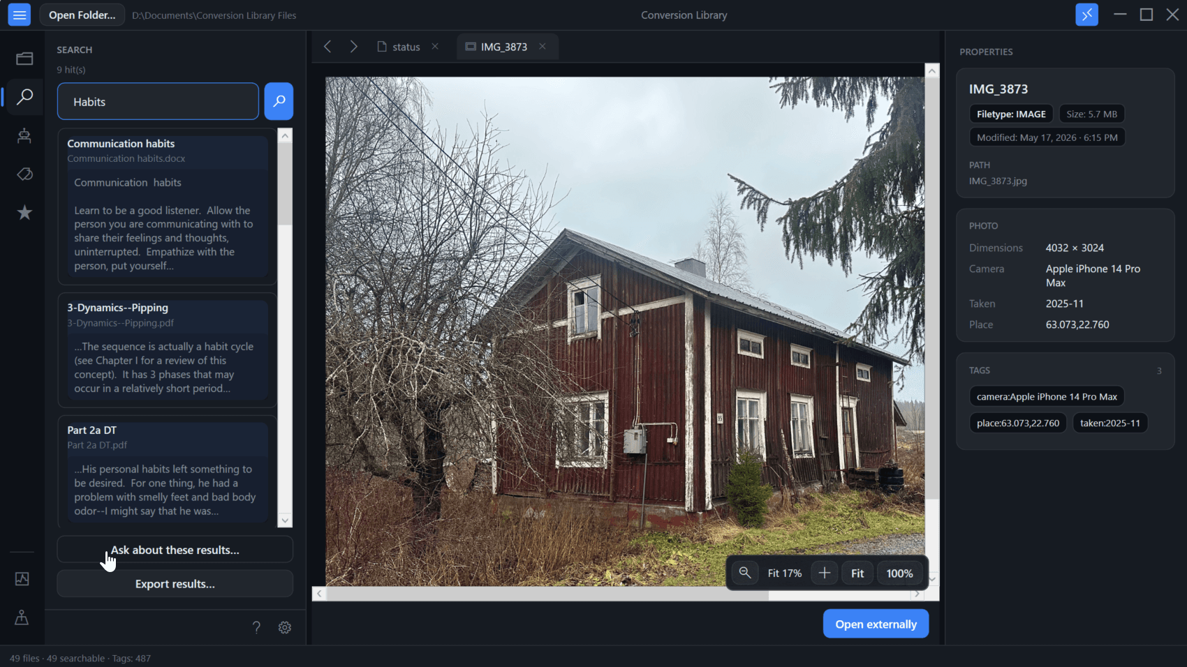 Conversion Library-sökresultat med utdrag över konverterade filer